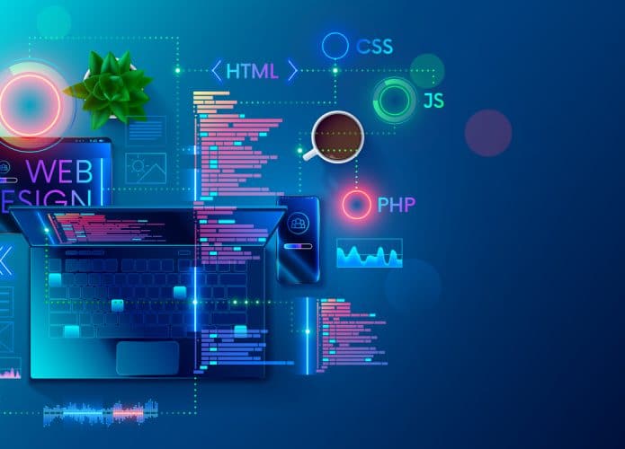 Ilustração de um notebook e, ao lado, algumas linguagens de programação