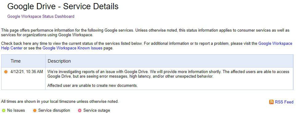Detalhamento da falha no painel de status do Google Workspace.