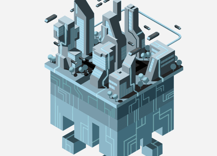 Imagem mostra uma ilustração em 3D de uma infraestrutura fornecida pela fintech Hash