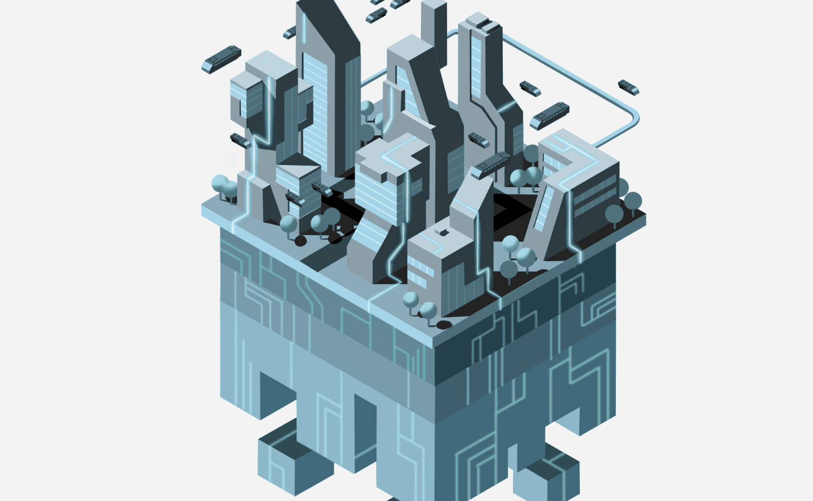 Imagem mostra uma ilustração em 3D de uma infraestrutura fornecida pela fintech Hash