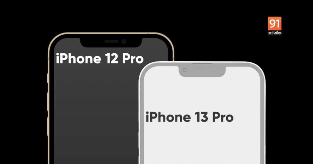 Imagem mostra comparação do notch sobre a tela do iPhone 13 Pro com o atual iPhone 12 Pro