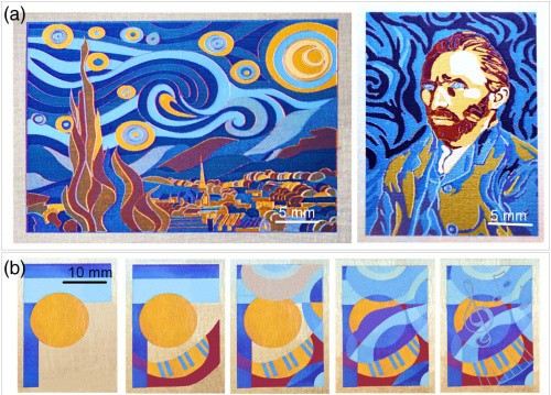 Exempos de imagens produzidas com o pincel laser de Andreeva. Nas imagens de baixo, note como algumas partes amarelas foram "apagadas" e pintadas com outros tons. Imagem: Yaroslava Andreeva