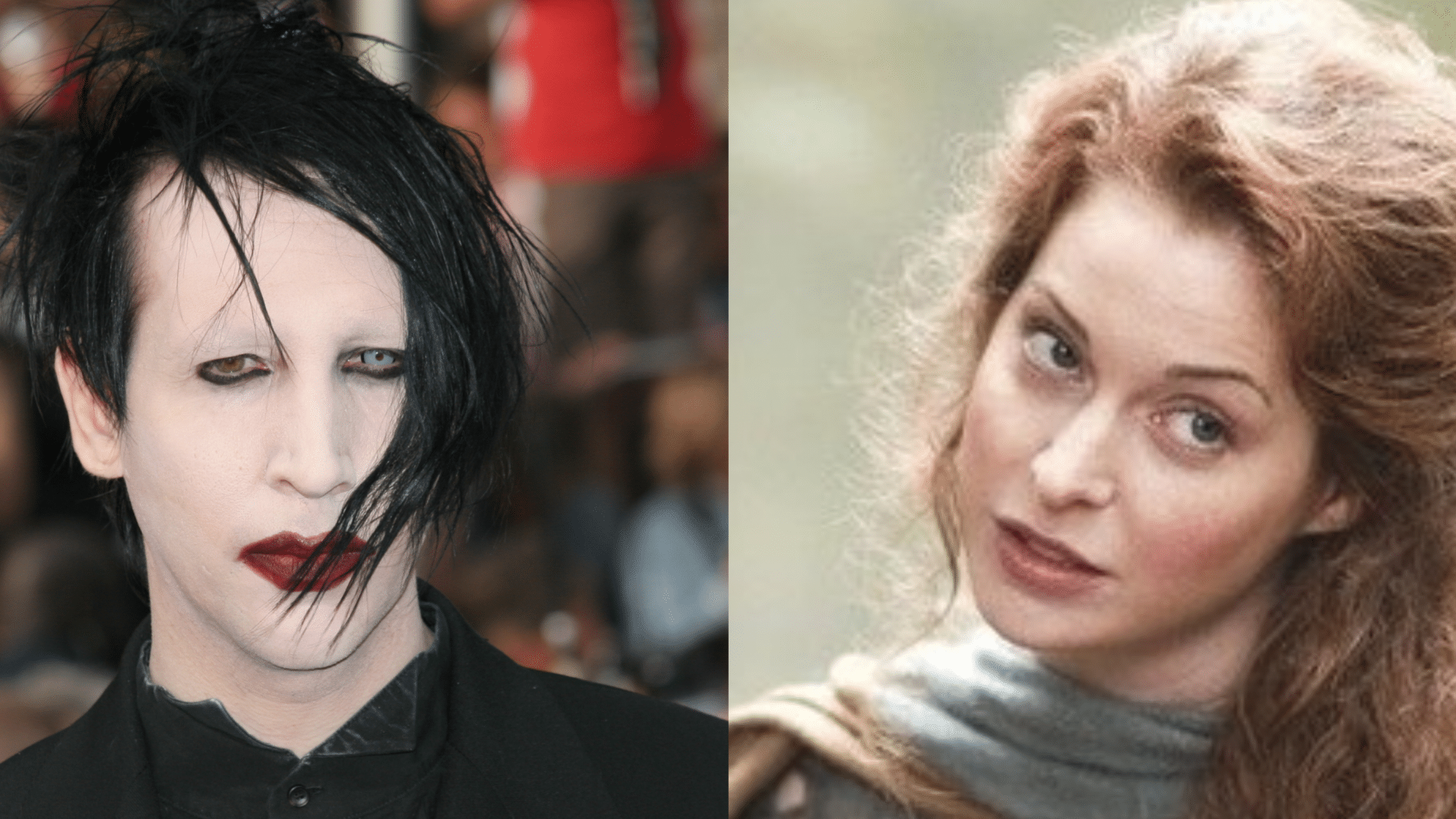 Montagem com o rosto de Marilyn Manson em uma extremidade e o rosto de Esmé, atriz de Game of Thrones, em outra