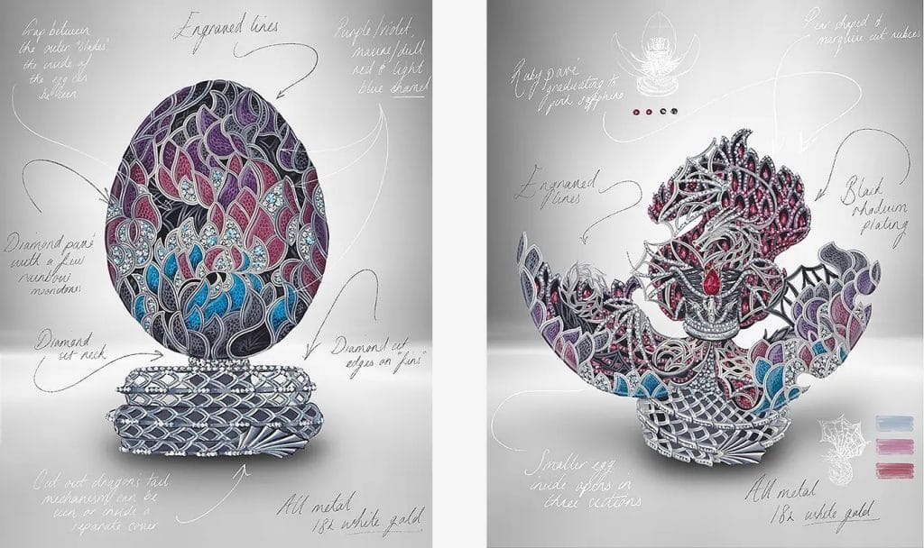 Duas imagens do ovo Fabergé, em homenagem à série 'Game of Thrones'. O ovo é azul, roxo e vermelho, com detalhes em diamante por fora, e rubis por dentro.