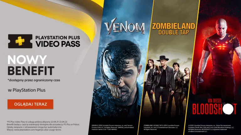 Imagem mostra banner de divulgação do PlayStation Plus Video Pass, benefício de oferta de filmes e séries da Sony para assinantes da PlayStation Plus