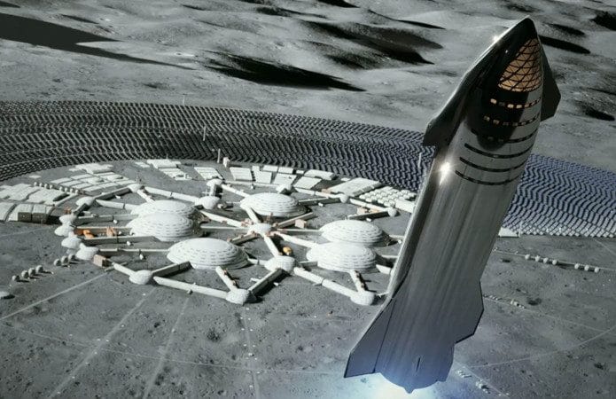 Ilustração de uma Starship, da SpaceX, se aproximando de uma base lunar
