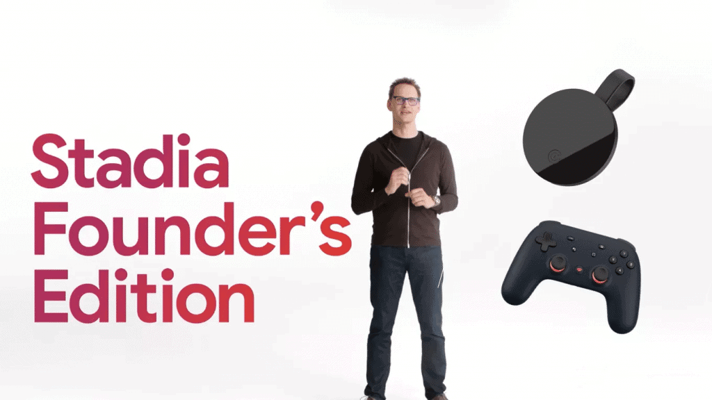 Imagem mostra John Justice, que recentemente deixou o Google, durante apresentação do Google Stadia. Ele aparece em frente de um telão que mostra detalhes de uma edição especial do console de cloud gaming