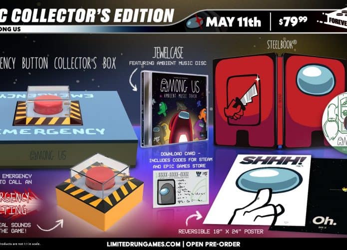 'Among Us' ganha edição de colecionador com botão real para reunião de emergência. Imagem: Limited Run Games/Reprodução