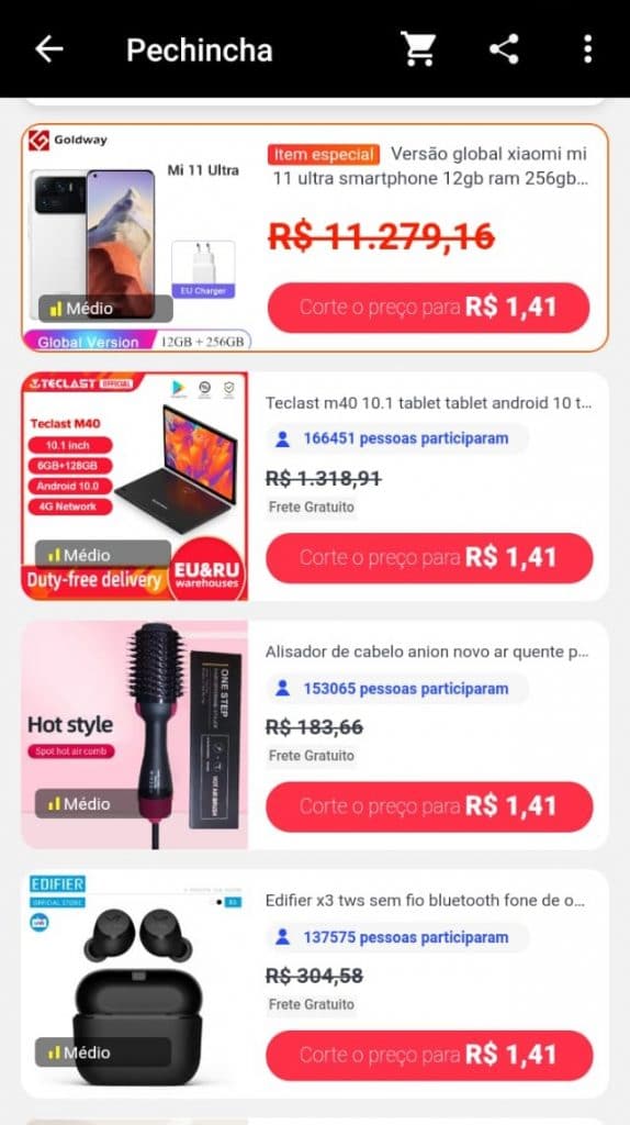 Produtos elegíveis do canal "Pechincha"