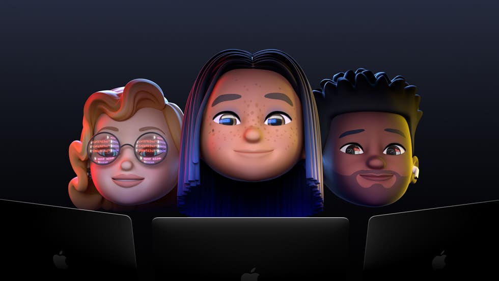Banner da Apple mostra três animojis do iPhone olhando para três laptops