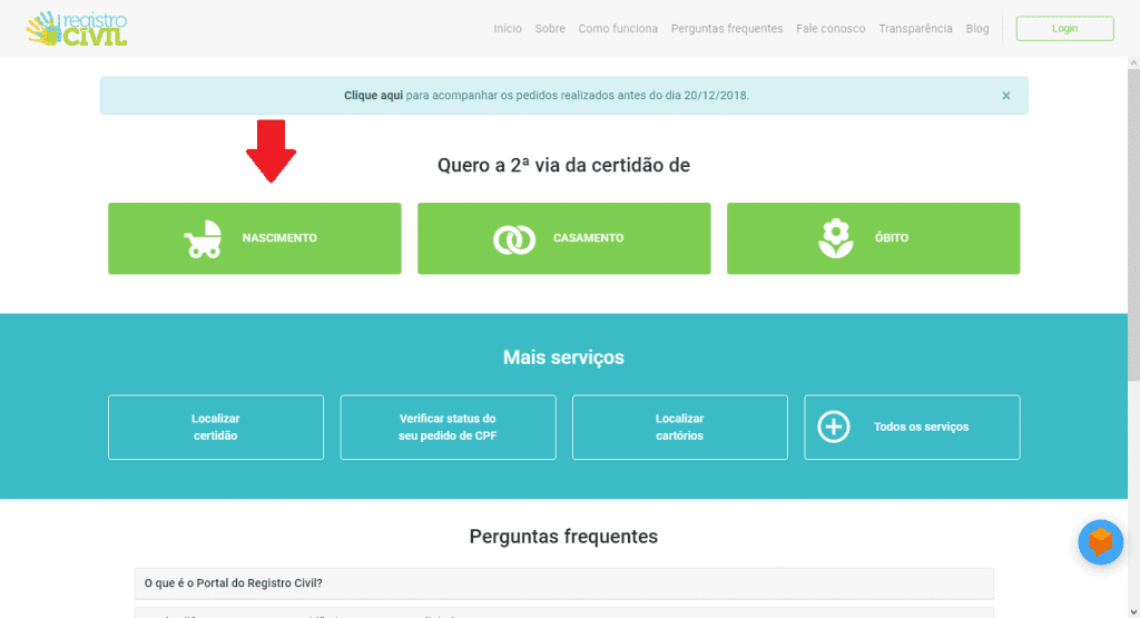 Página inicial do portal do Registro Civil