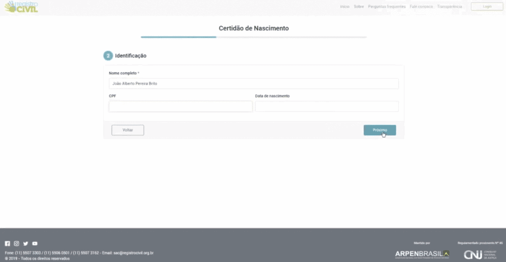 Inserindo os dados pessoais no site do portal do Registro Civil Inserindo os dados pessoais no site do portal do Registro Civil