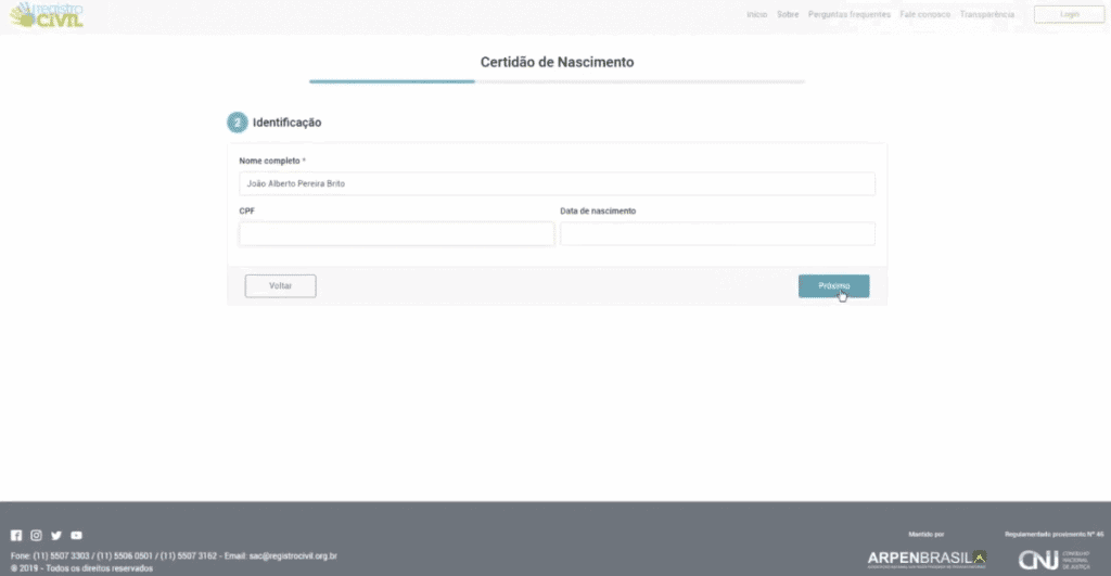 Inserindo os dados pessoais no site do portal do Registro Civil