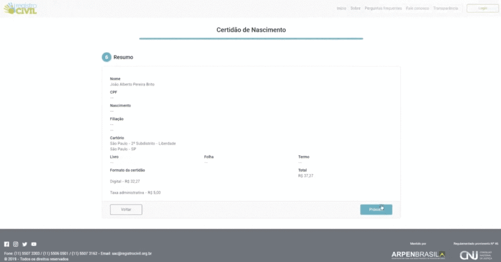 Revisando os dados da solicitação no portal do Registro Civil