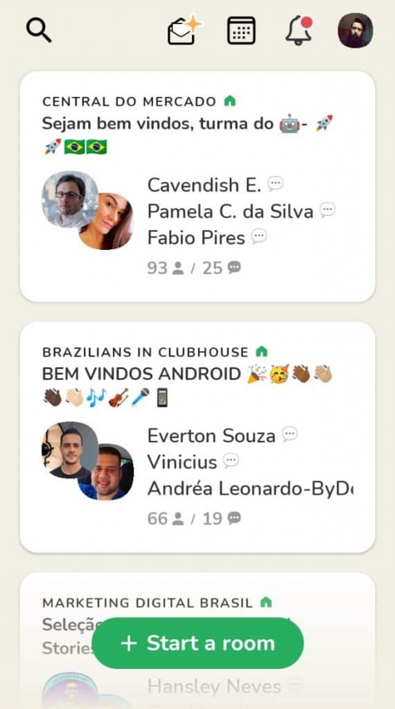 Página inicial do Clubhouse