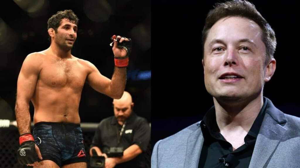 Beneil Dariush (esquerda) desafia Elon Musk (direita) para uma luta após atraso na entrega de Tesla. Imagem: First Sportz/Reprodução