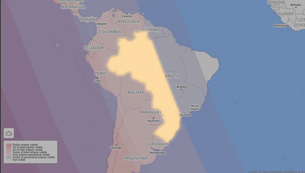Em amarelo, áreas do Brasil que poderão observar o eclipse, na fase parcial, ao final da madrugada de 26 de maio - Fonte: timeanddate.com