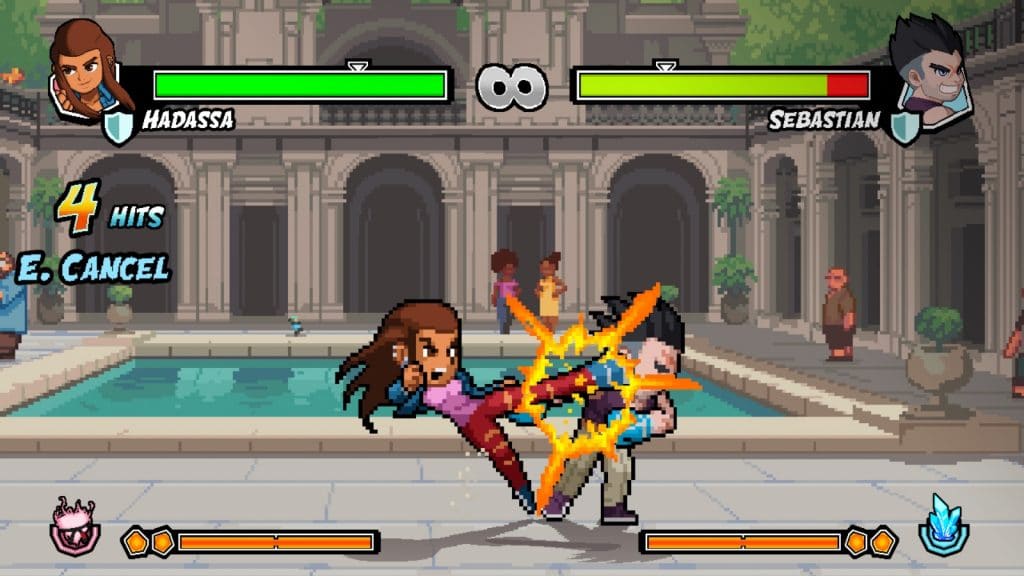 Cena do gameplay revela dois oponentes se enfrentando.
