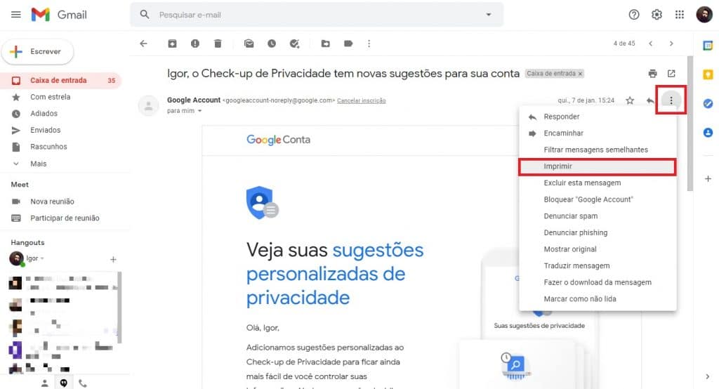 E-mail aberto no Gmail