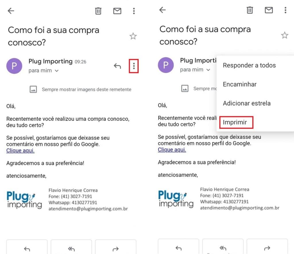 Escolhendo a opção de impressão em um e-mail no Gmail