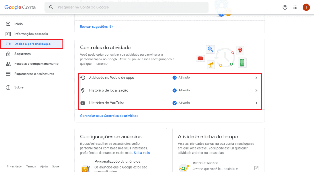 Acessando os controles de atividades para excluir o histórico de registros