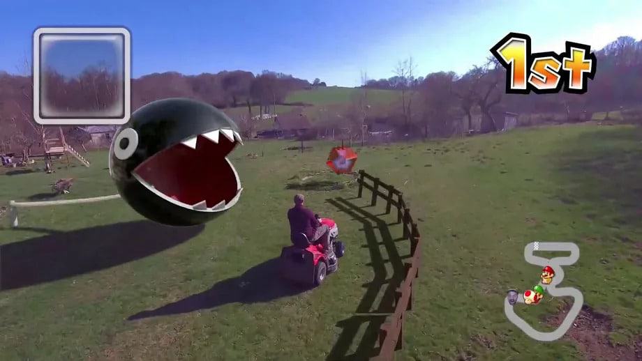 Mario Kart real é possível, caso tenha um drone e habilidades com CGI. Imagem: Ian Padgham/Reprodução