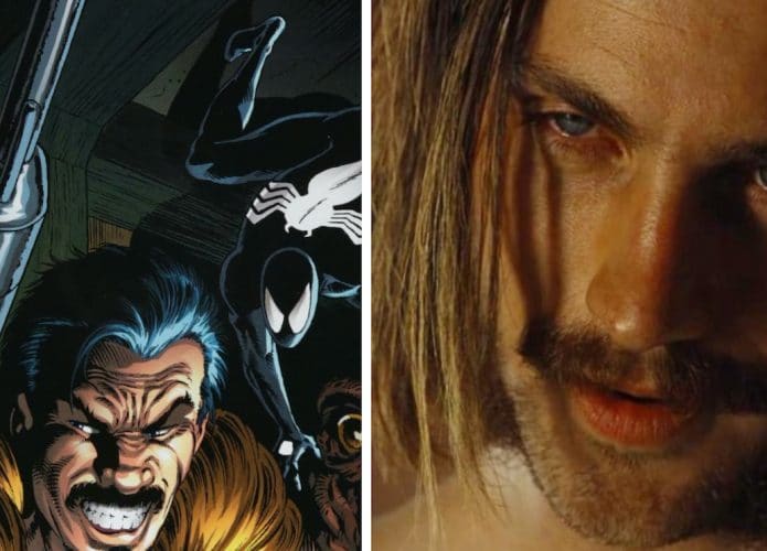 Colagem com Kraven nas HQs e Aaron Taylor-Johnson em cena do filme Animais Noturnos
