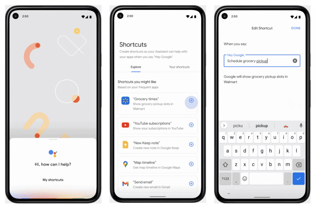 Imagem mostra capturas de tela do Android 12, exibindo a integração dos widgets com o Google Assistente