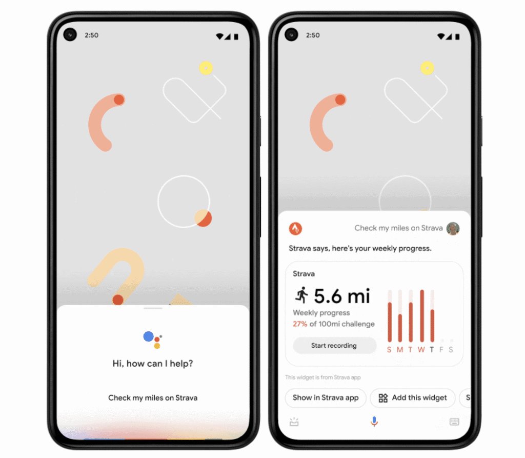 Imagem mostra capturas de tela do Android 12, exibindo a integração dos widgets com o Google Assistente