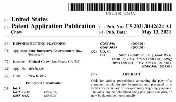 Sony registra patente de plataforma de apostas em e-sports com Bitcoin. Imagem: PatentScope/Reprodução