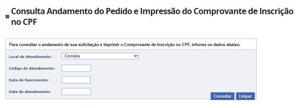 consulta de andamento do pedido e impressão do comprovante do CPF