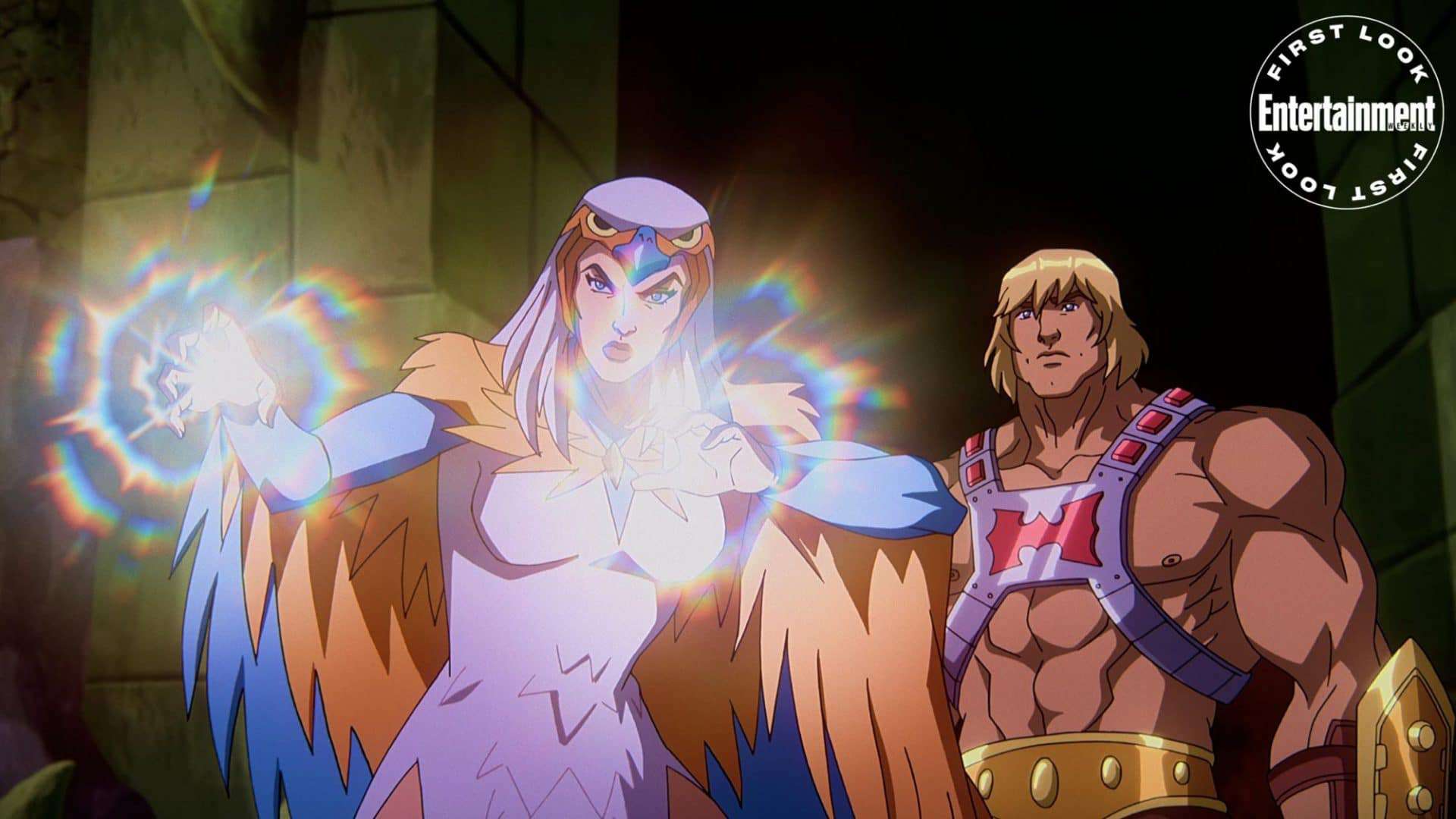 Susas Eisenberg será a Feiticera e Chris Wood como He-Man. Imagem: Netflix/Divulgação