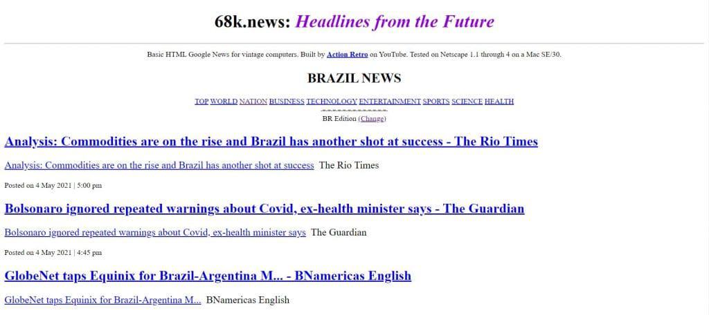 Captura de tela do site de notícias lembrando a internet antiga do youtuber