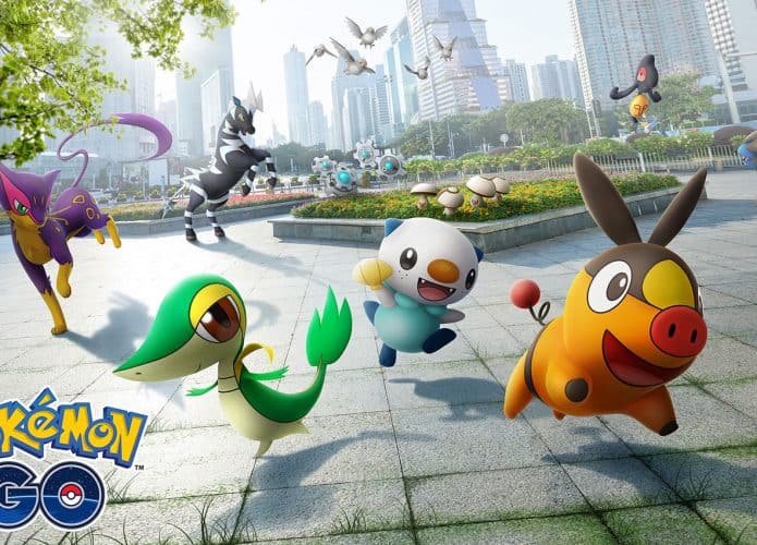 Imagem promocional de Pokémon Go com criaturas em paisagem urbana.