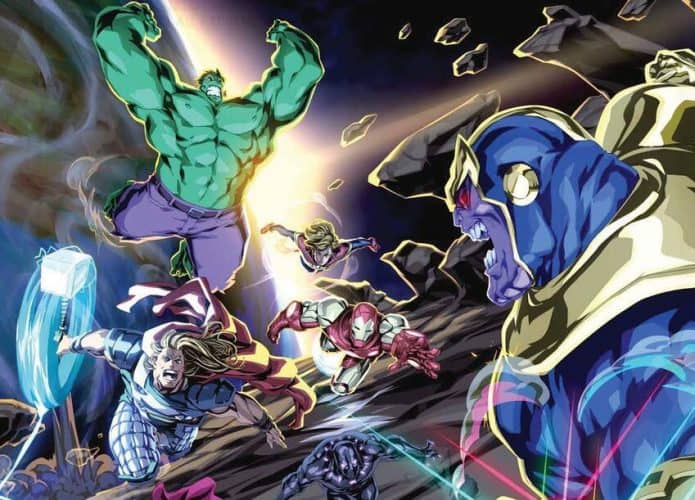 Equipe dos Vingadores em página da minissérie em parceria com a Bandai