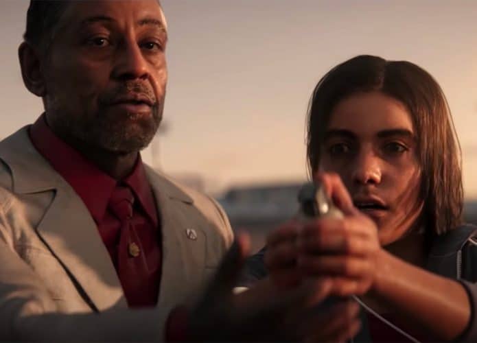 Os personagens de Giancarlo Esposito e Anthony Gonzalez em cena de Far Cry 6.