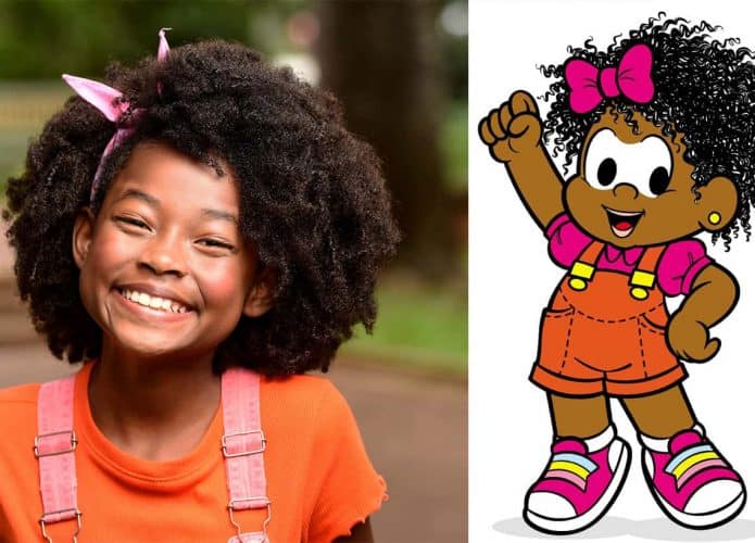 A Emily Nayara em montagem ao lado da personagem Milena, da Turma da Mônica, seu papel no próximo filme inspirado nos quadrinhos.