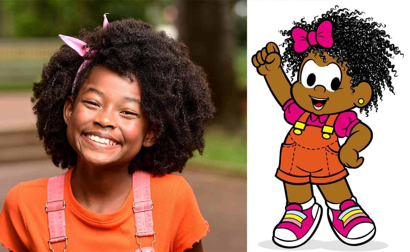 A Emily Nayara em montagem ao lado da personagem Milena, da Turma da Mônica, seu papel no próximo filme inspirado nos quadrinhos.