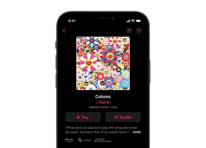 Apple Music executando em iPhone com as novas funções de lossless áudio e Dolby Atmos
