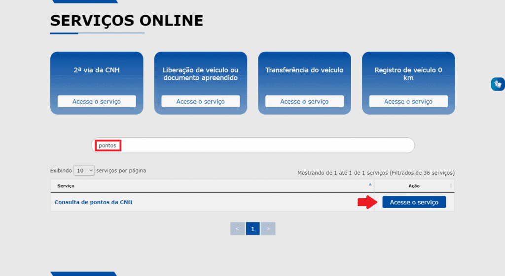 Acessando o recurso para visualizar a pontuação da CNH