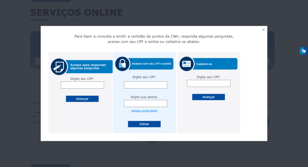 Fazendo o login no site do Detran-SP