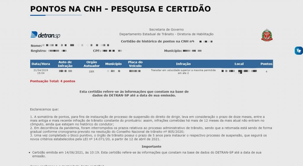 Histórico de pontuação da CNH