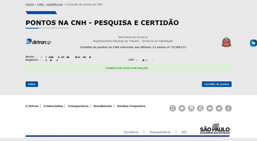 Pontuação da CNH dos últimos 12 meses