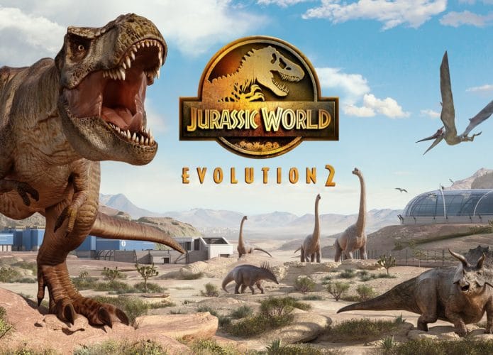 Imagem promocional de Jurassic World Evolution 2 exibe dinossauros e instalações do parque.
