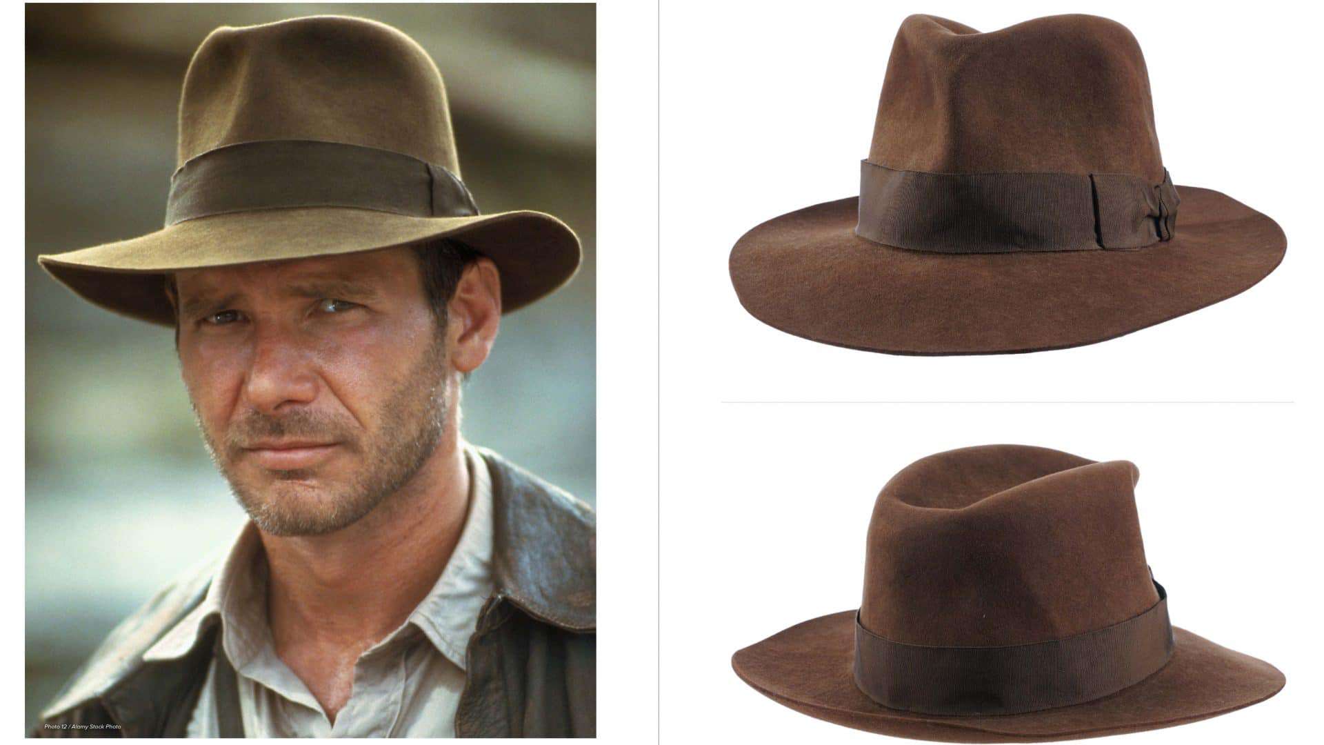 Harrison Ford em cena de Indiana Jones e o Templo da Perdição ao lado de imagens do chapéu utilizado pelo ator.