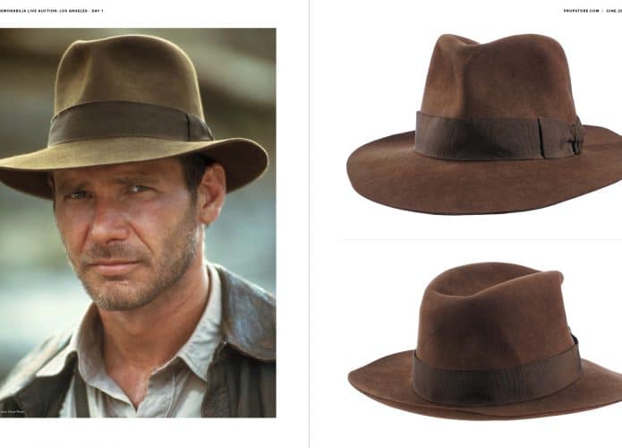 Harrison Ford em cena de Indiana Jones e o Templo da Perdição ao lado de imagens do chapéu utilizado pelo ator.