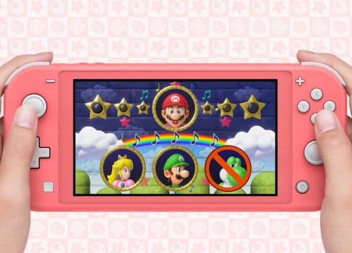 Foto mostra Switch do modelo Lite rodando Mario Party Superstars
