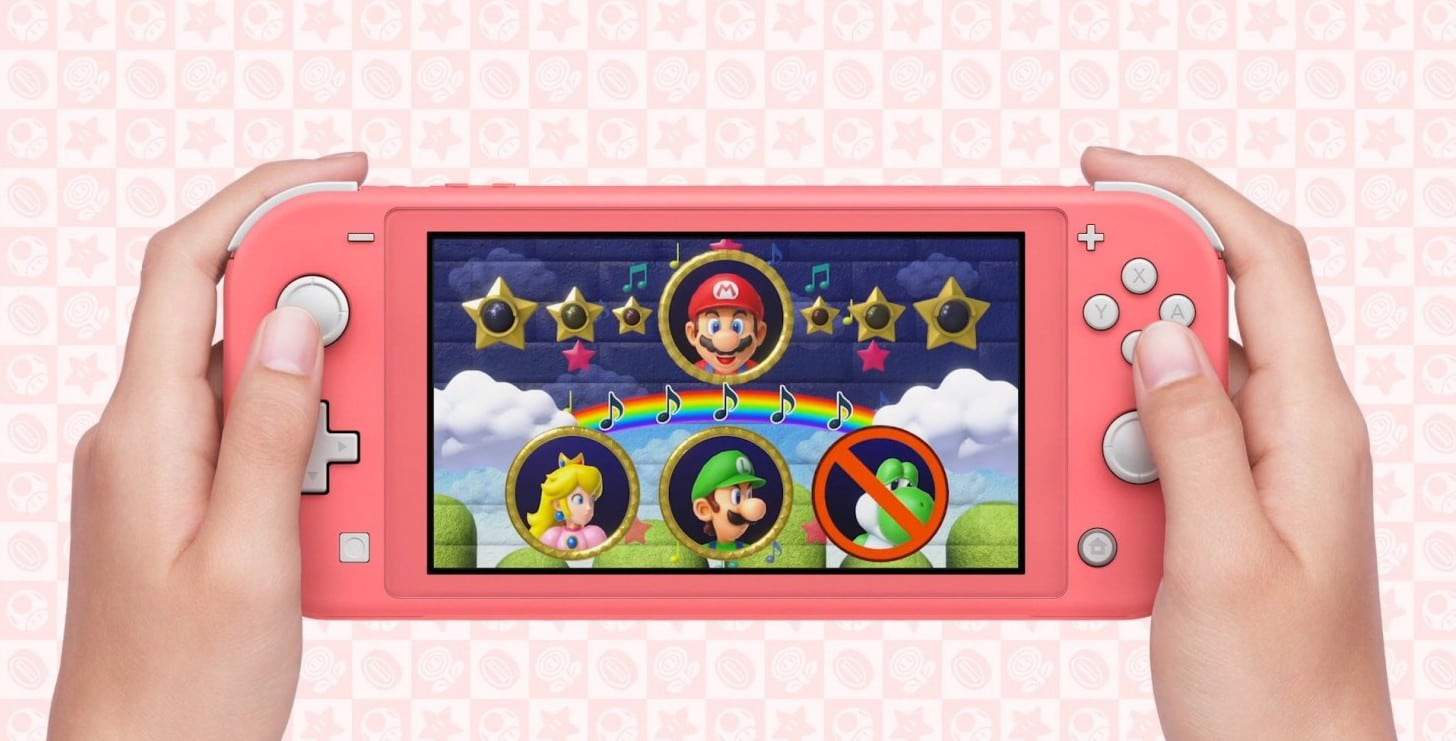 Foto mostra Switch do modelo Lite rodando Mario Party Superstars