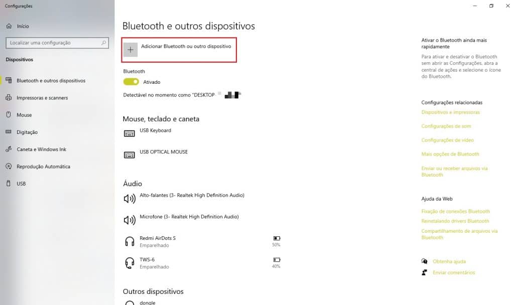 Processo para adicionar um novo dispositivo Bluetooth