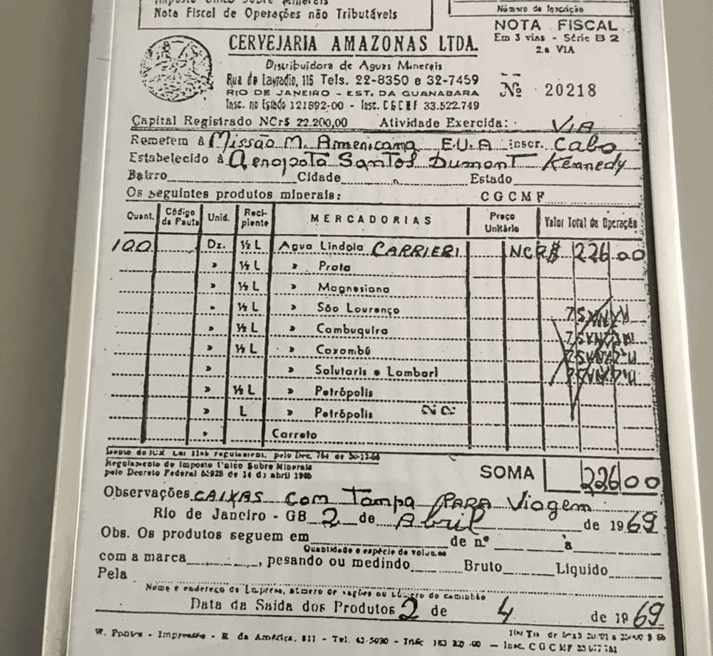 Nota fiscal da Cervejaria Amazonas, distribuidora da água mineral de Lindóia no Rio de Janeiro, que mostra a água comprada para a Missão Americana